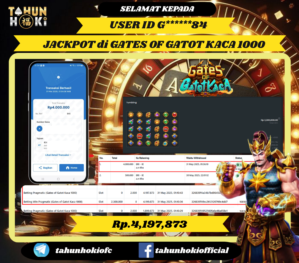 TAHUNHOKI MENANG GATES OF GATOT KACA 1000 PRAGMATIC PLAY Rp. 4,197,873,- LUNAS