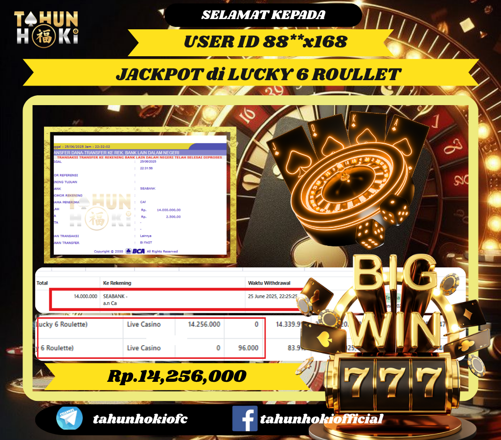 TAHUNHOKI MENANG LUCKY 6 ROULLET LIVE CASINO Rp. 14,256,000,- LUNAS