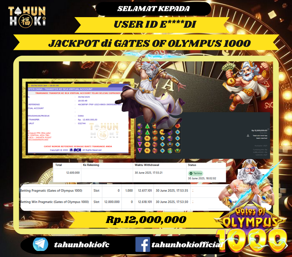 TAHUNHOKI MENANG GATES OF OLYMPUS 1000 PRAGMATIC PLAY Rp. 12,000,000,- LUNAS