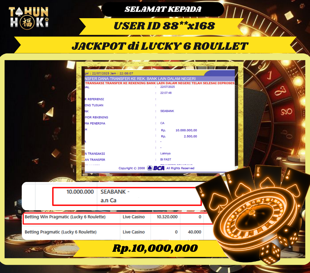 TAHUNHOKI MENANG LIVECASINO LUCKY 6 ROULETTE  PRAGMATIC PLAY Rp. 10,000,000,- LUNAS