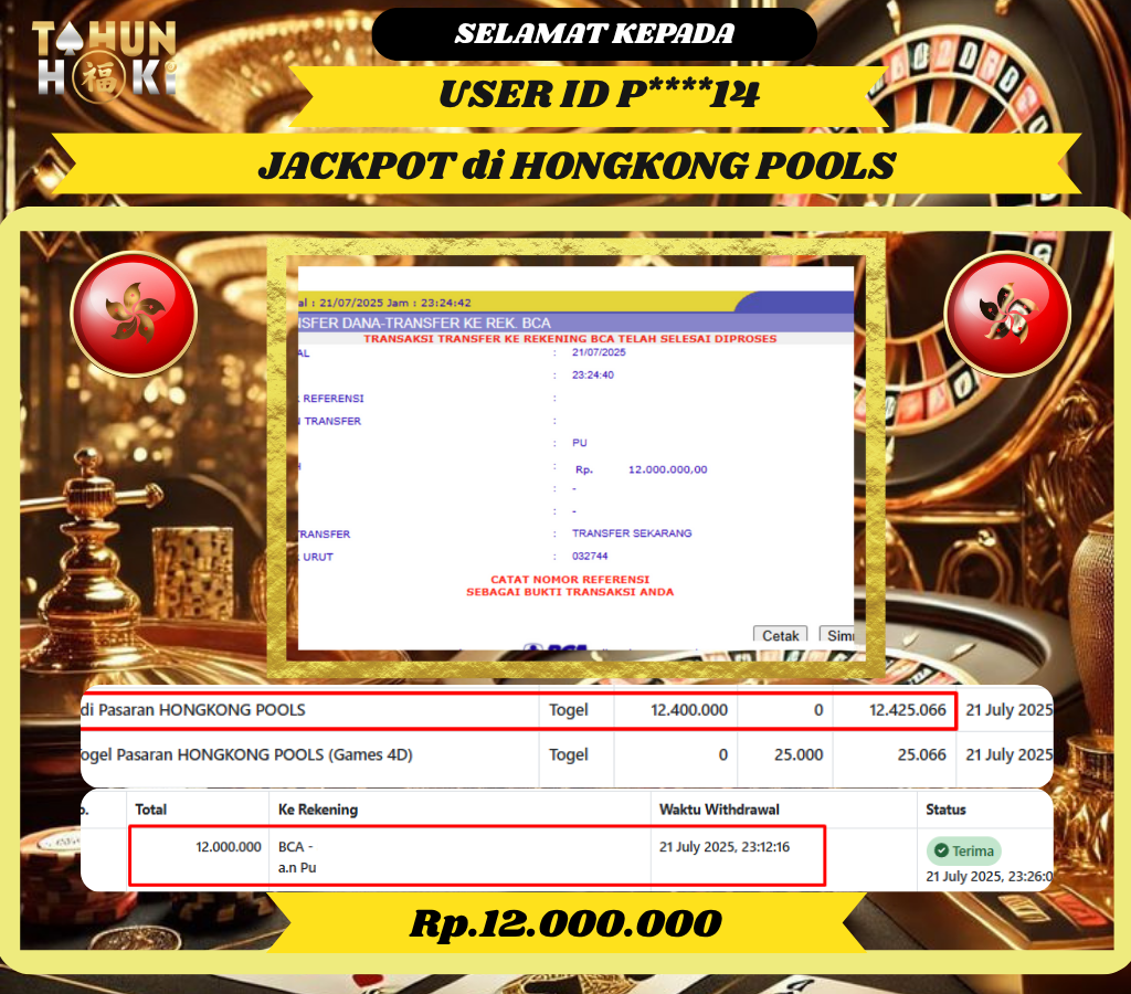 TAHUNHOKI MENANG TOGEL HONGKONG POOLS Rp. 12,000,000,- LUNAS