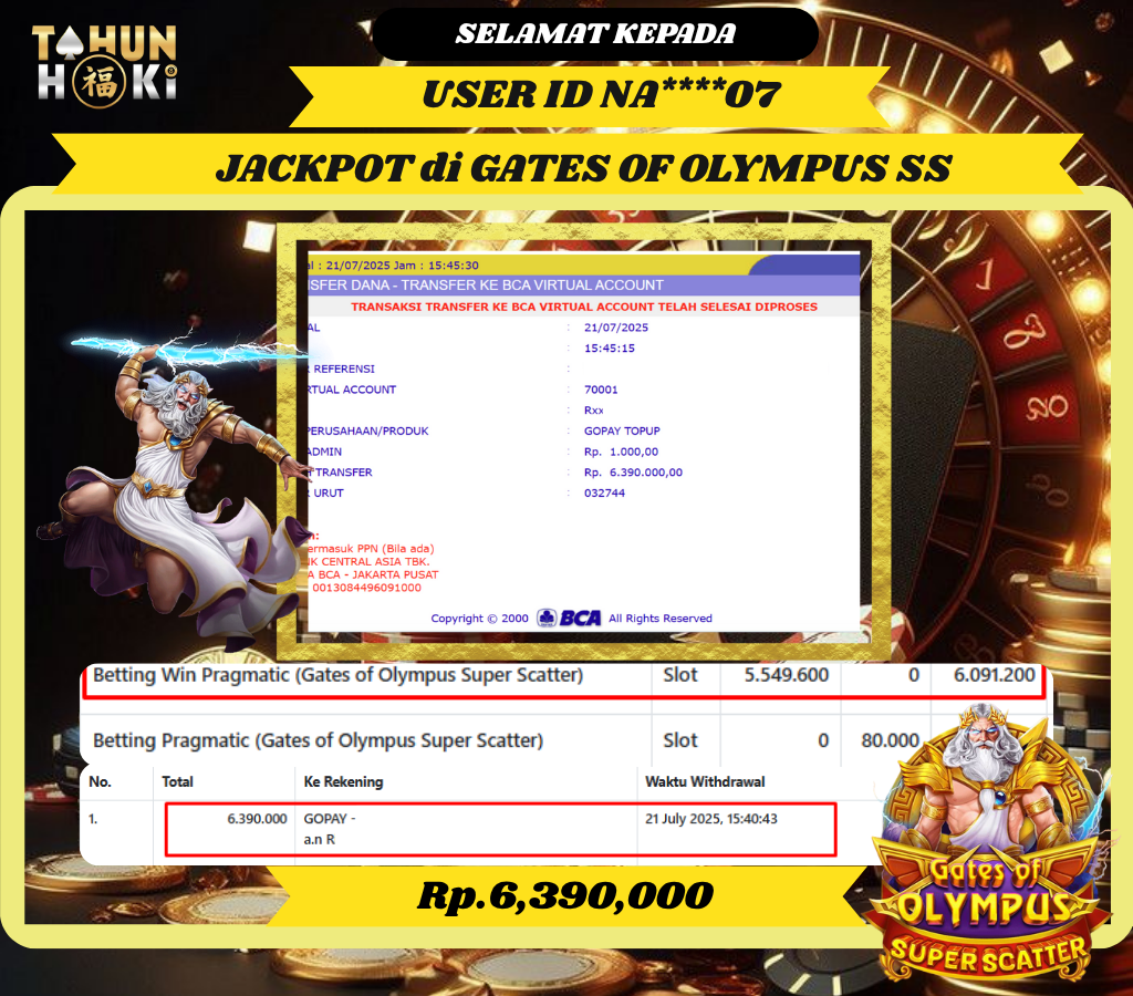 TAHUNHOKI MENANG GATES OF OLYMPUS SUPER SCATER PRAGMATIC PLAY Rp. 6,390,000,- LUNAS