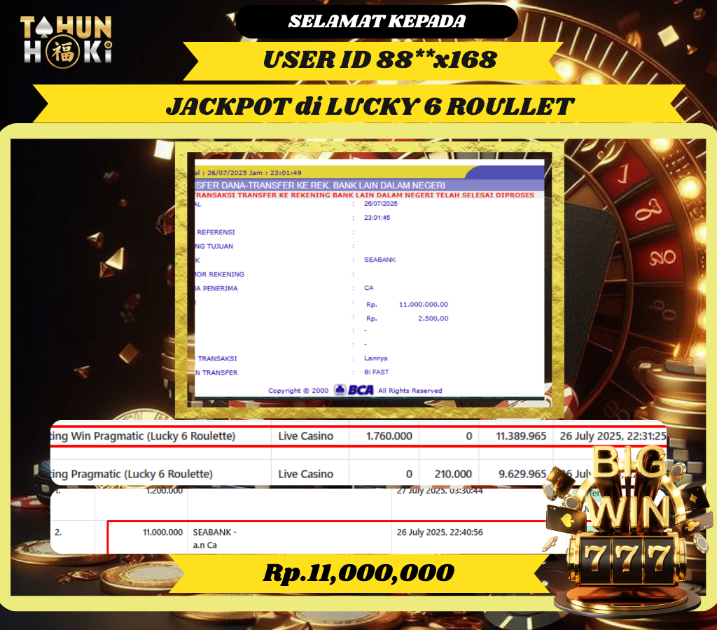 TAHUNHOKI MENANG LIVECASINO LUCKY 6 ROULETTE  PRAGMATIC PLAY Rp. 11,000,000,- LUNAS