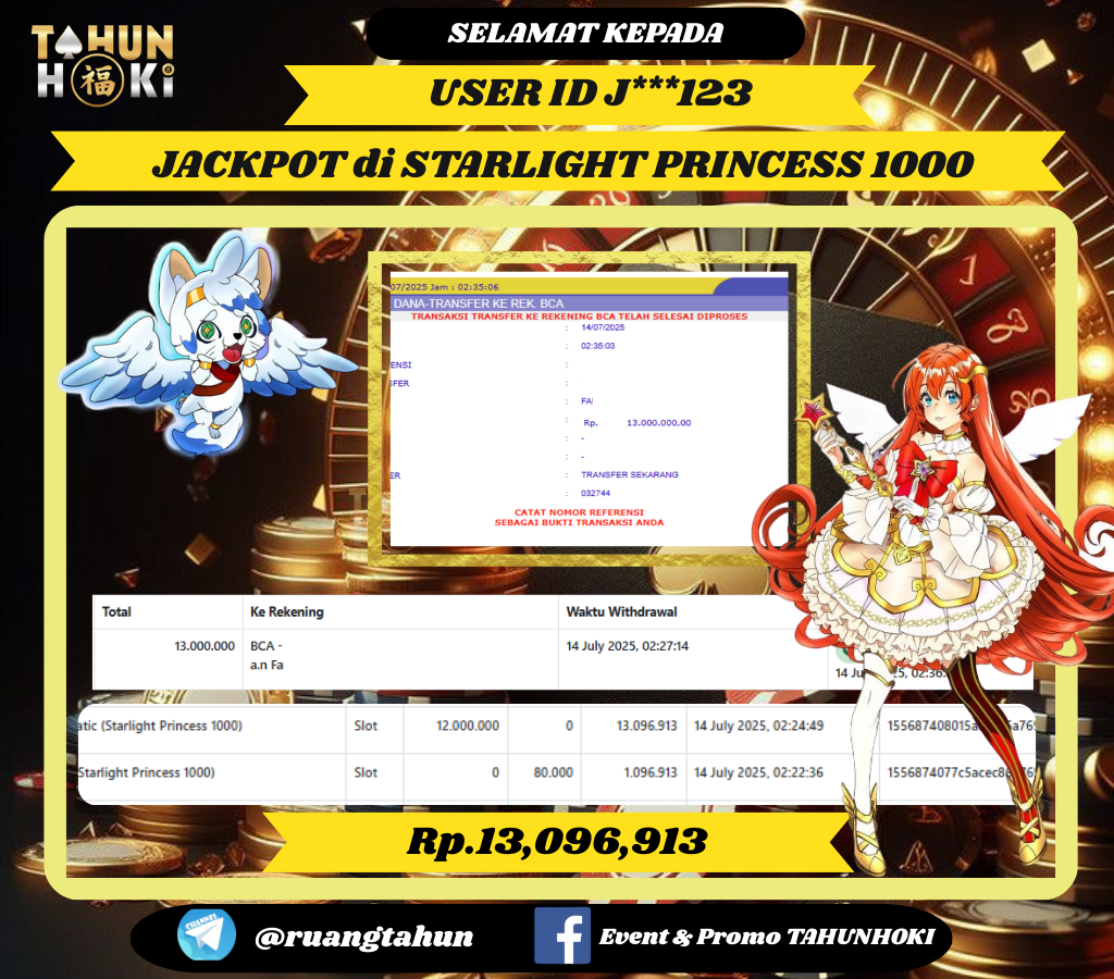 TAHUNHOKI JACKPOT STARLIGHT PRINCESS 1000 Rp. 13,096,913,- LUNAS