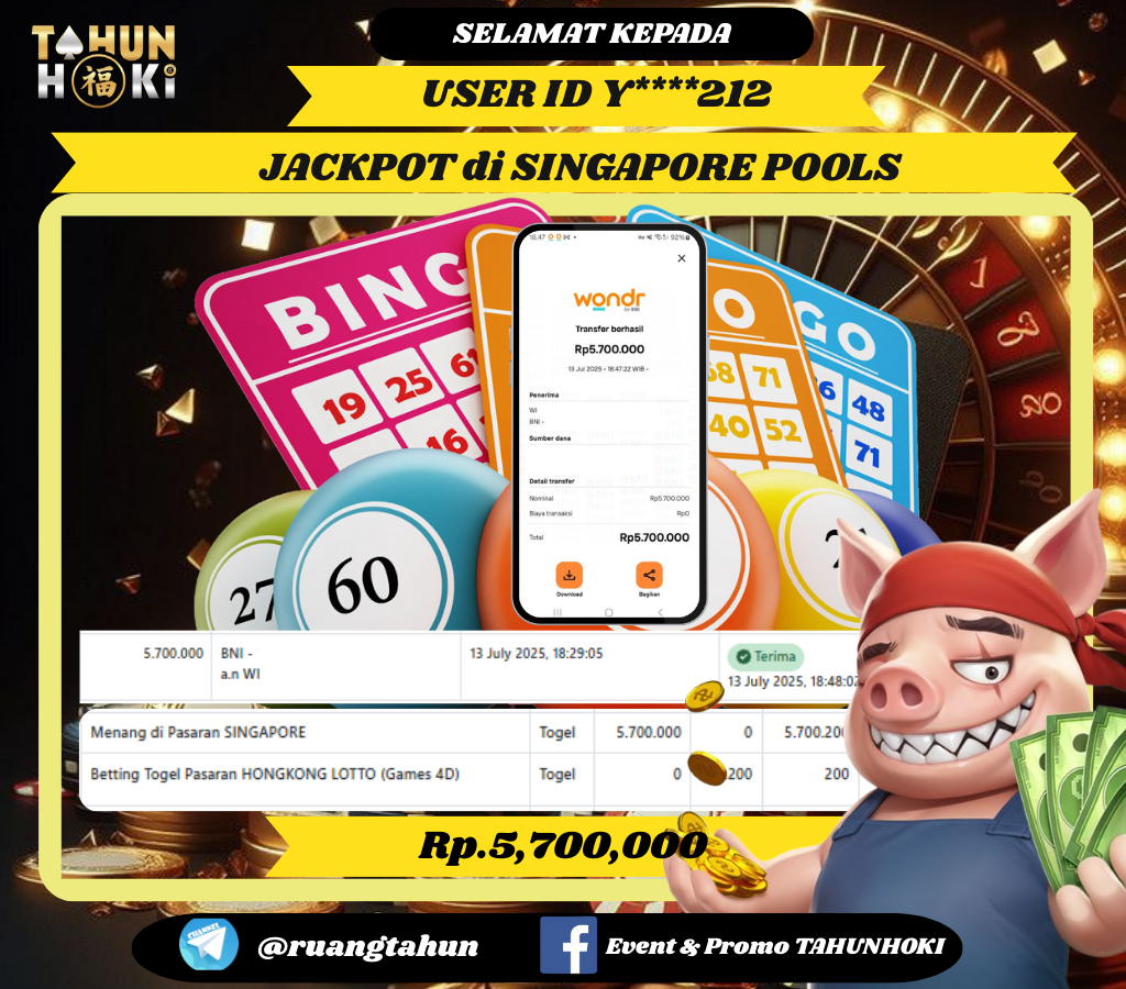 TAHUNHOKI MENANG TOGEL SINGAPORE POOLS Rp. 5,700,000,- LUNAS