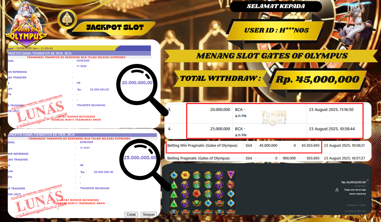 TAHUNHOKI JACKPOT GATES OF OLYMPUS PRAGMATIC PLAY Rp. 45,000,000,- LUNAS