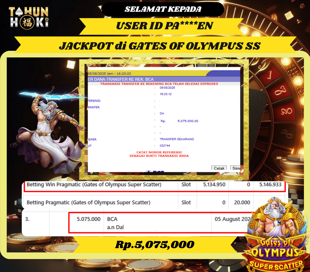 TAHUNHOKI JACKPOT SLOT GATES OF OLYMPUS SUPER SCATER PRAGMATIC PLAY Rp. 5,075,000,- LUNAS