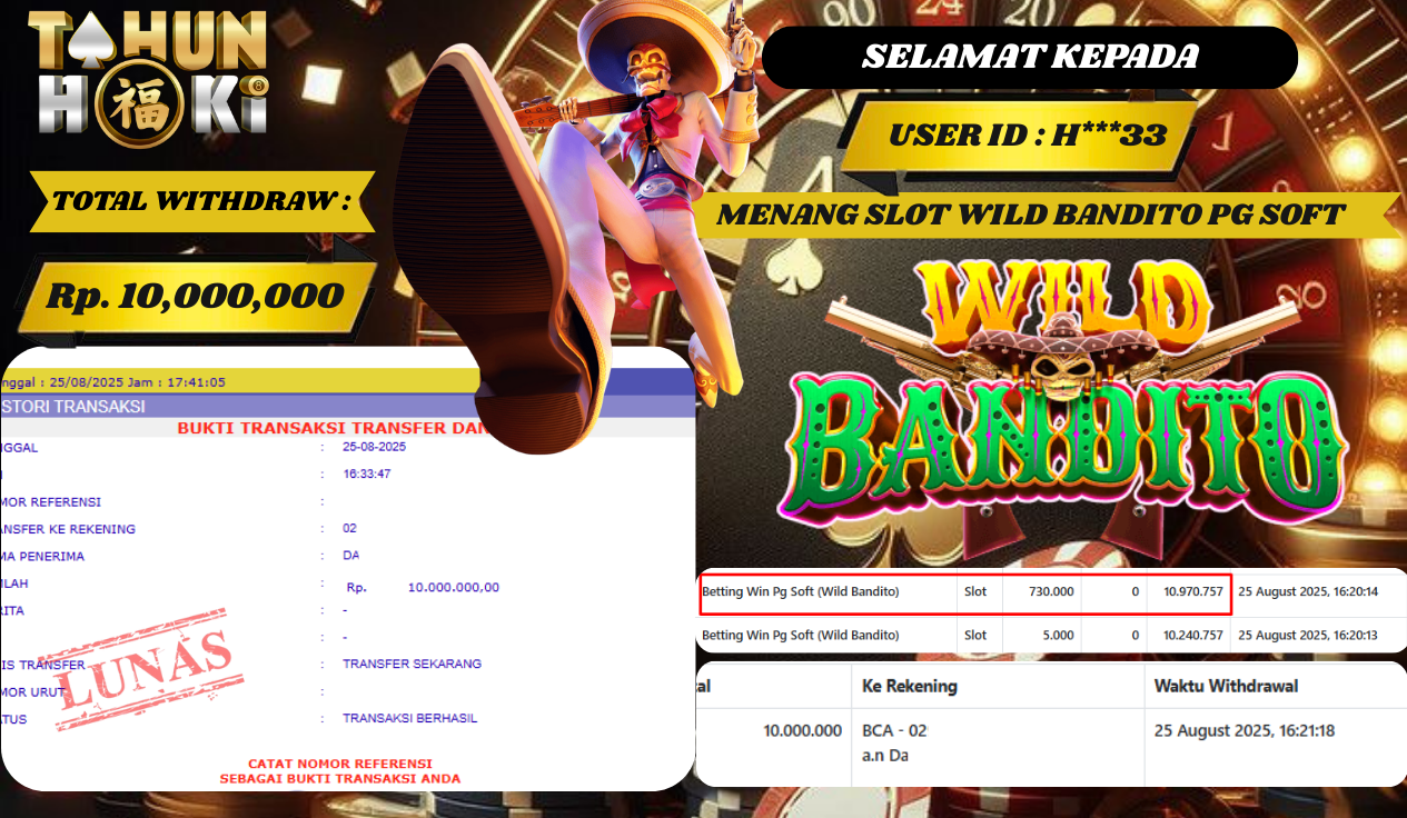 TAHUNHOKI JACKPOT WILD BANDITO PG SOFT Rp. 10,000,000,- LUNAS